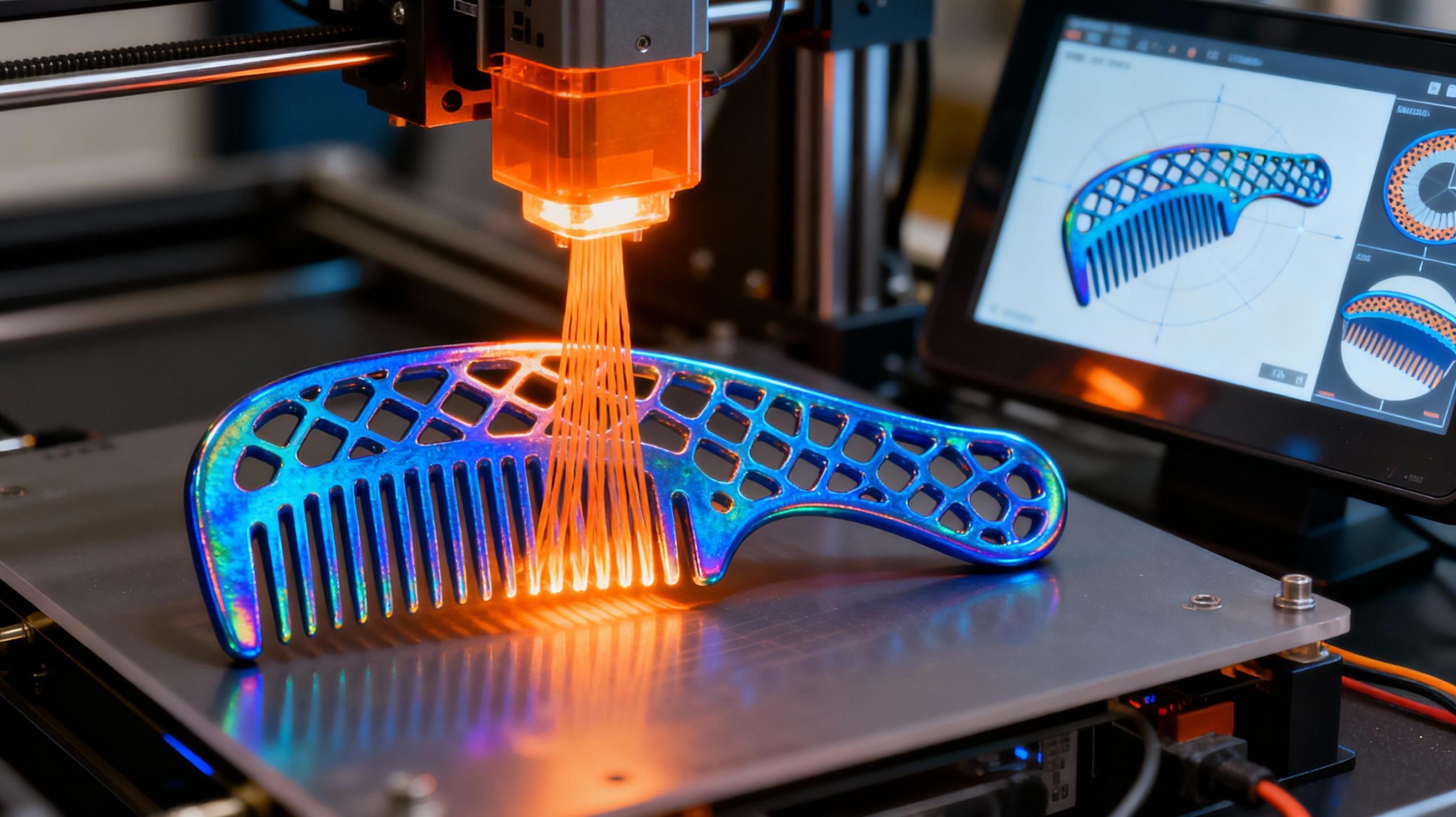 A high-resolution 3D printer in action, extruding a glowing filament to form a comb’s intricate lattice structure. The printer’s nozzle glows orange, contrasting with the comb’s iridescent blue material. Nearby, a digital screen displays a rotating 3D model of the comb with cross-sectional views.