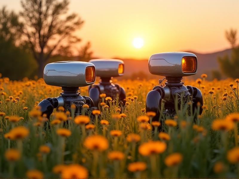 Solar-powered frame uncapping robots operating in an open-air honey processing facility surrounded by wildflower meadows; sunset tones contrast with the robots’ sleek silver exteriors, symbolizing green technology integration.
