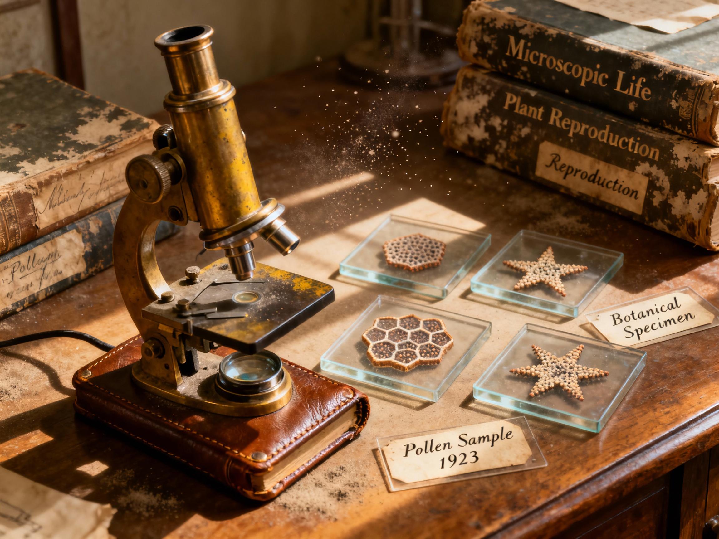 A vintage microscope surrounded by hand-labeled glass slides and dusty reference books, bathed in warm amber light. Pollen grains are visible in sharp focus under the lens, showcasing intricate geometric patterns.