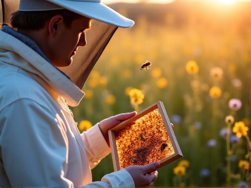 A beekeeper in protective gear meticulously inspects a hive frame using a magnifying glass. The setting is a sunlit apiary with wildflowers in the background, emphasizing the human effort and time required for traditional disease detection methods. The image conveys a warm, earthy tone with soft focus on the bees in flight.