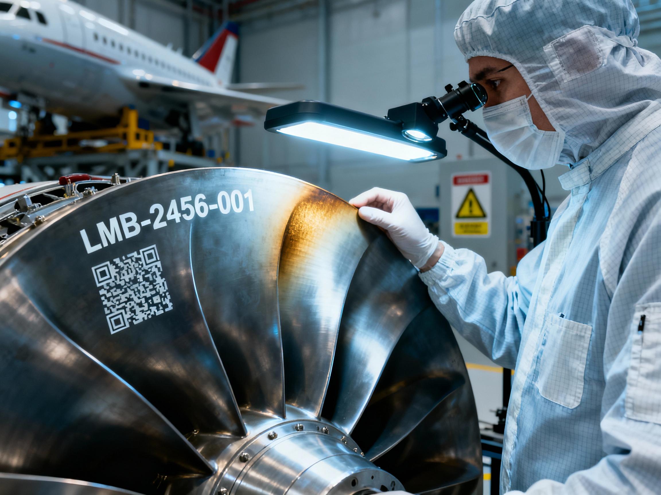 A technician inspects a laser-marked turbine blade in an aerospace facility. The blade's curved surface displays a Data Matrix code and alphanumeric identifiers, with the laser's heat-affected zone visible as a slight discoloration under inspection lighting.
