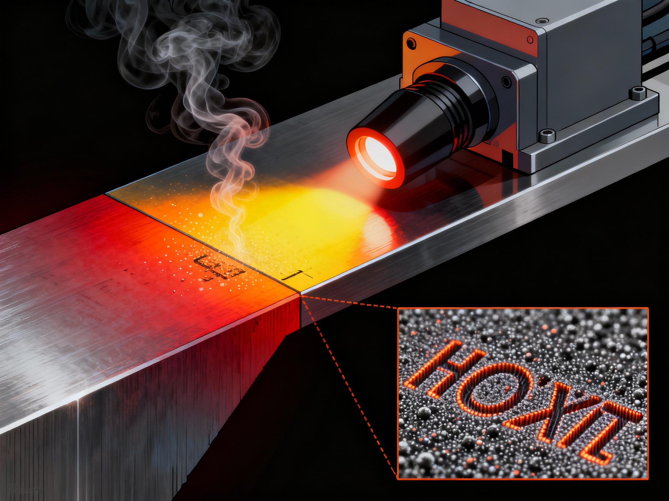 A cross-sectional diagram of a laser hive marking system, showing a concentrated beam interacting with a metal surface. Color gradients illustrate heat distribution, with smoke particles captured mid-air. An inset reveals microscopic text created by the laser, showcasing crisp edges and uniform depth.