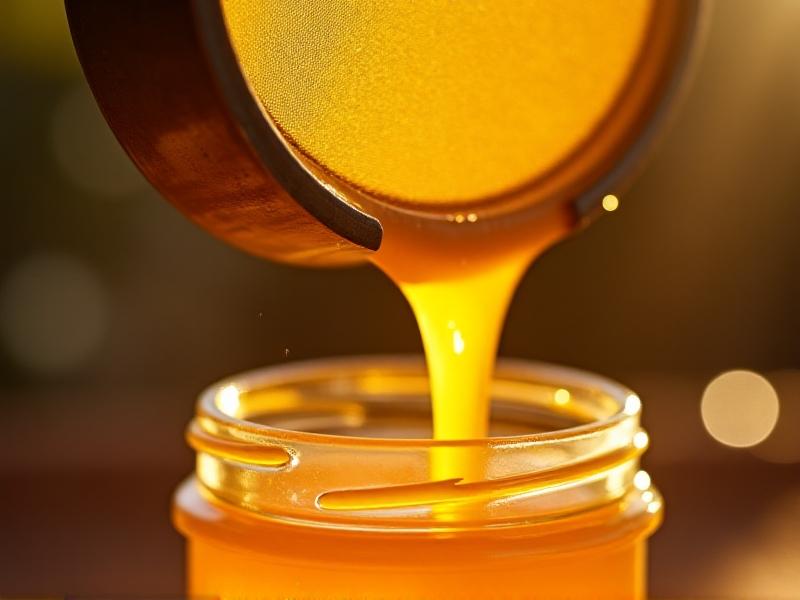 Close-up of golden beeswax dripping from a stainless steel sieve into a glass jar. Sun rays beam onto the extractor’s chamber, creating shimmering heat waves. Macro details highlight molten wax’s translucency and viscous texture.
