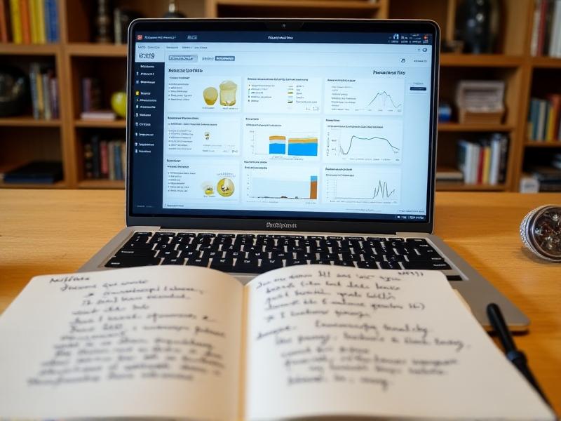A laptop screen in a beekeeper’s workshop shows an analytics dashboard with hive weight graphs, nectar flow predictions, and weather icons. Nearby, a notebook lies open with handwritten notes about queen excluder installation dates and honey extraction schedules.