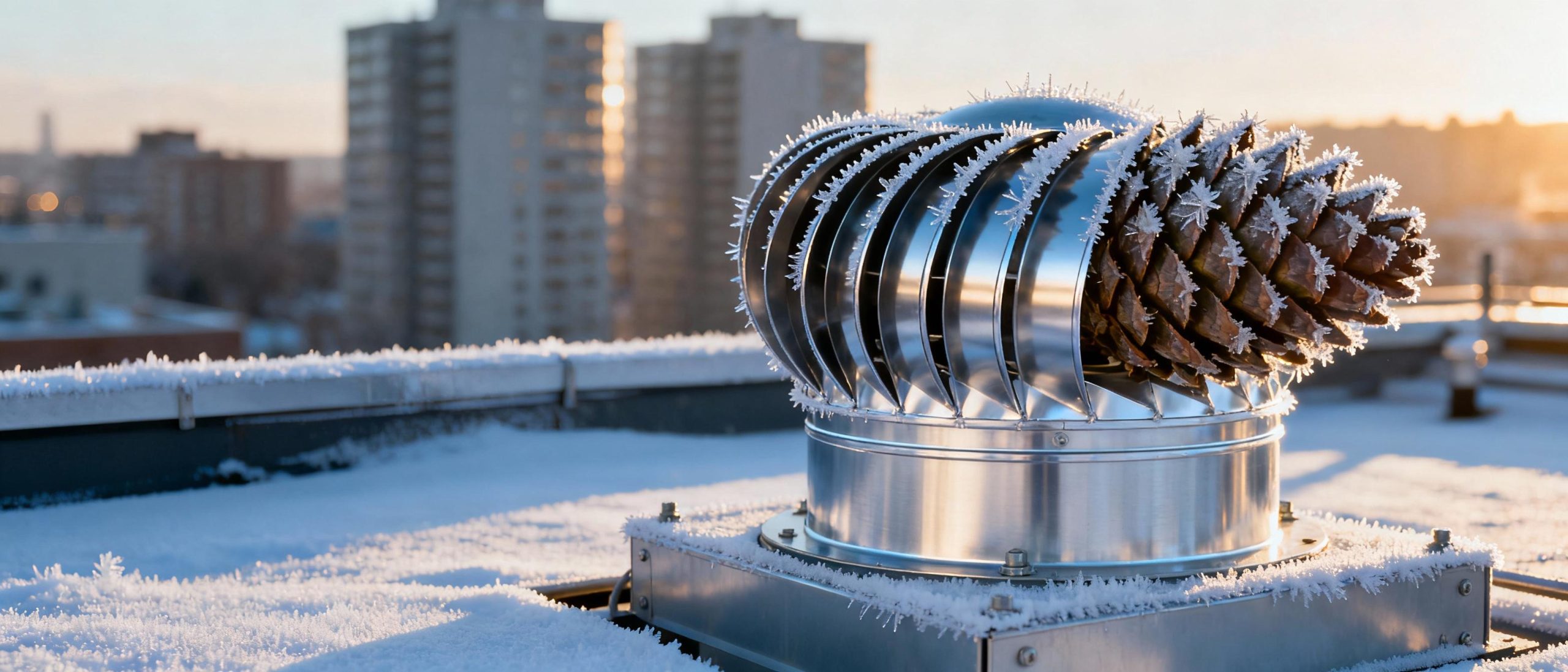 A futuristic pollen intake turbine with spiraling aluminum vanes, designed to mimic pine cone structures. Morning frost glistens on its surface as it protrudes from a rooftop installation against a backdrop of urban high-rises.