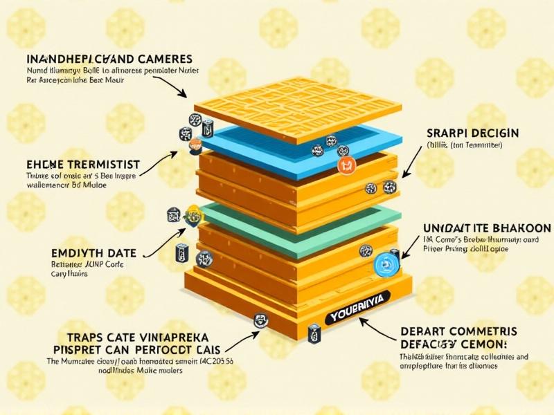 An annotated technical diagram of a smart beehive system, highlighting components like infrared cameras, humidity sensors, and data transmitters. The schematic uses vibrant colors to differentiate hardware layers, set against a honeycomb-patterned background.