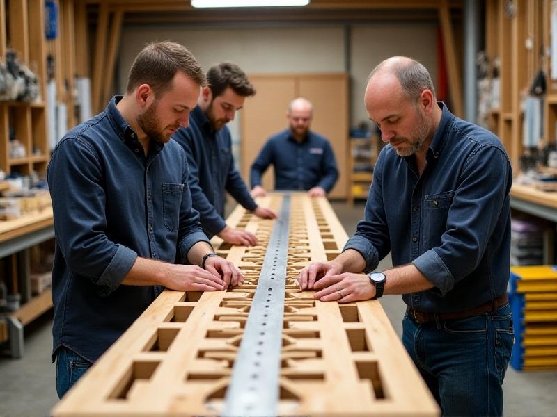 Engineers assembling a hybrid beam: laminated bamboo strips interlocked with stainless steel brackets in a workshop; toolboxes and blueprints clutter the background, underscoring technical precision.
