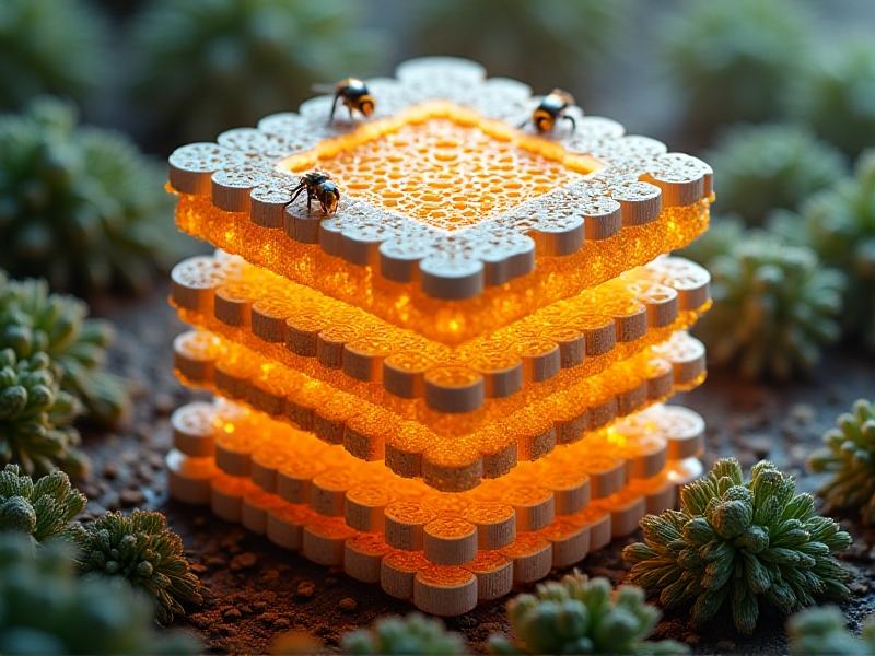 An exploded view of hive battery components: ceramic thermal bricks stacked like honeycomb, lithium-iron phosphate battery arrays, moisture-sensitive hydrogel pods, and drone pollinators hovering above flowering sensor nodes. The background shows a technician monitoring a holographic interface displaying real-time CO2 levels. Hyper-realistic rendering with metallic textures and bioluminescent accents.