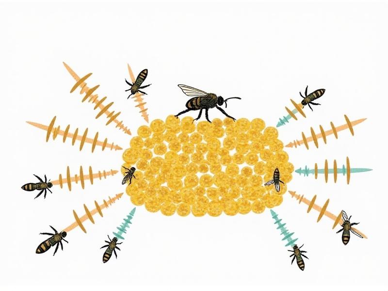 Scientific diagram illustrating honeybee communication through substrate vibrations, showing a cross-section of honeycomb cells with colorful arrows representing different vibration frequencies. The infographic style combines hand-drawn insects with digital frequency waveforms against a white background.